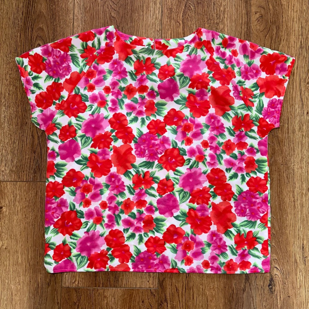 90s Impressions of California Floral Blouse Red Pink Short‎ Sleeve Top Large